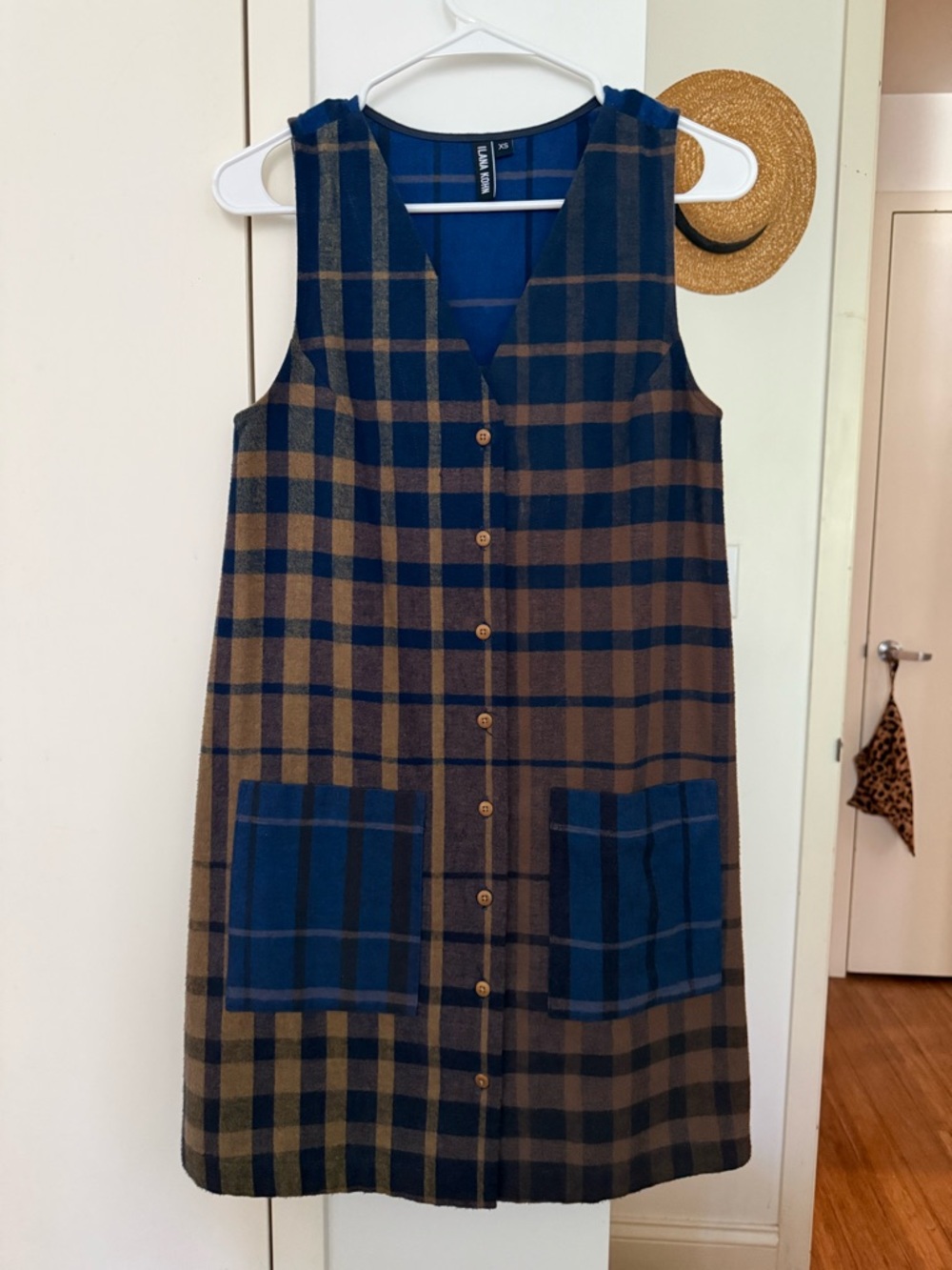Ilana Kohn Navy and Brown Plaid Midi Button-Front Dress